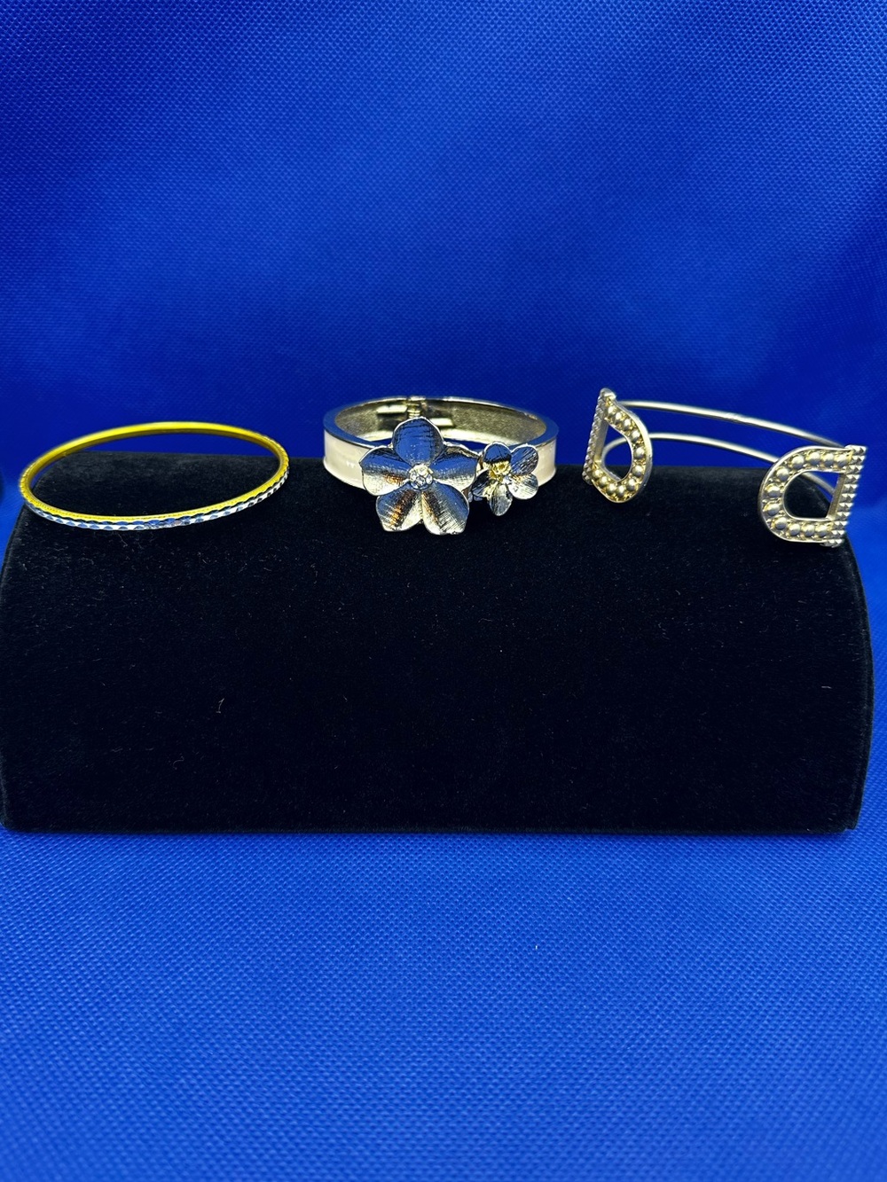 Gold Tone Bangle, Floral Cuff and Double-Band Bracelets